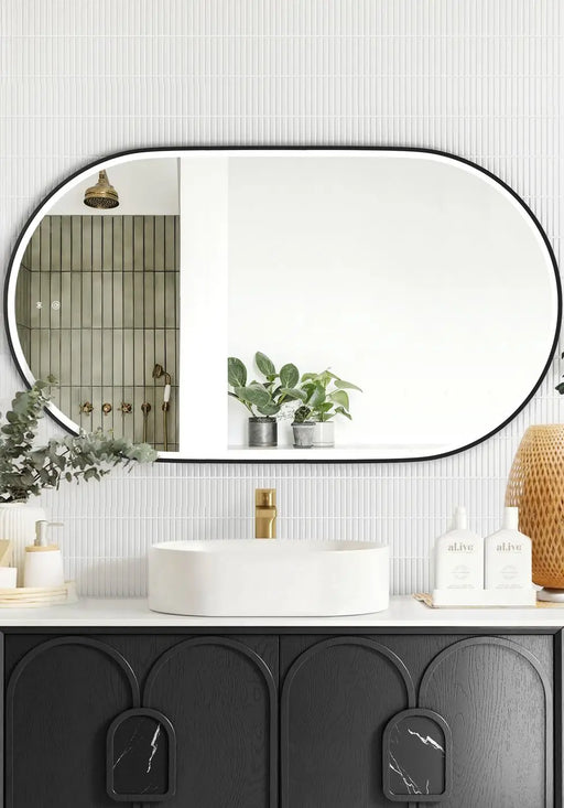 Noosa LED Metal Frame Mirror Matte Black Oak 1200x750mm Otti Australia