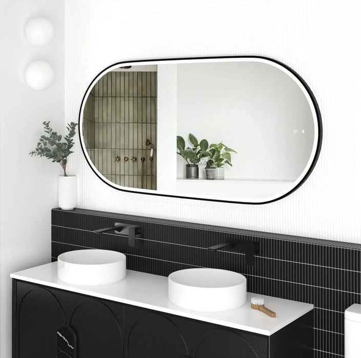 Noosa LED Metal Frame Mirror Matte Black Oak 1500x750mm Otti Australia