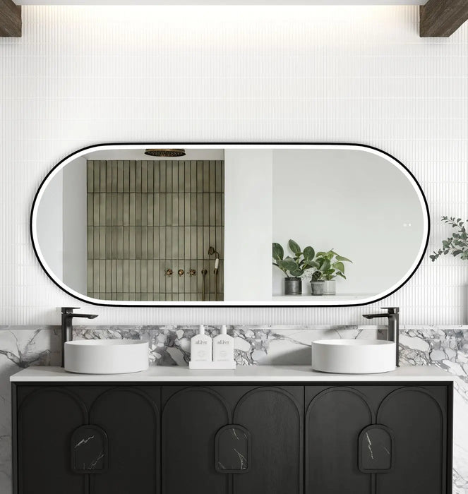 Noosa LED Metal Frame Mirror Matte Black Oak 1800x750mm Otti Australia