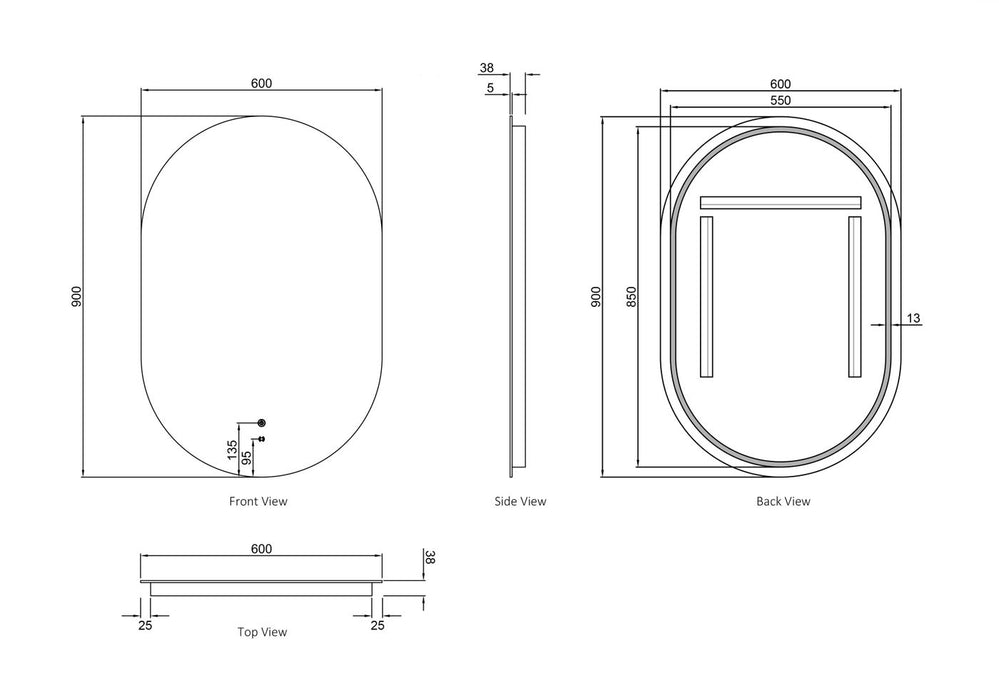 LED Noosa Oval Frameless Mirror 900x600mm