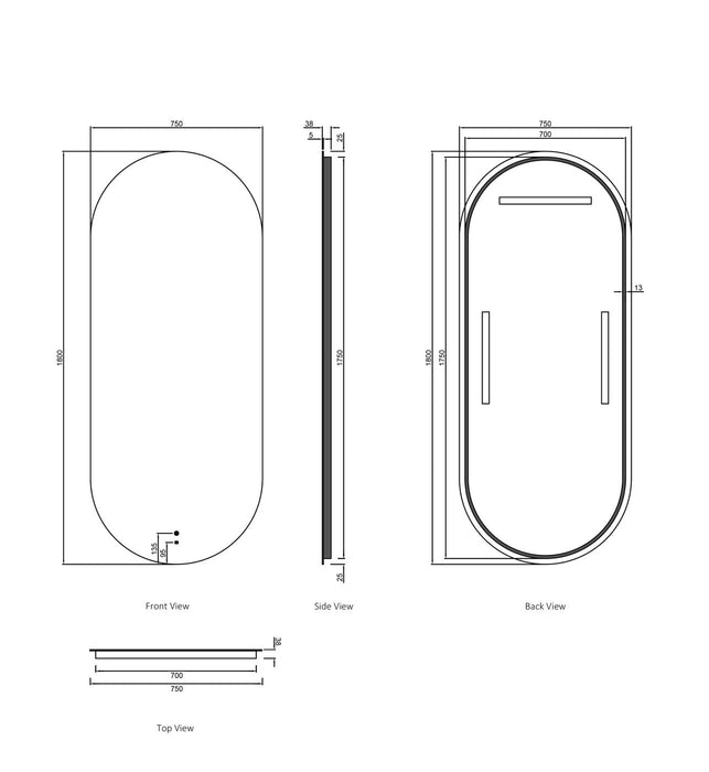 LED Noosa Oval Frameless Mirror 1800x750mm
